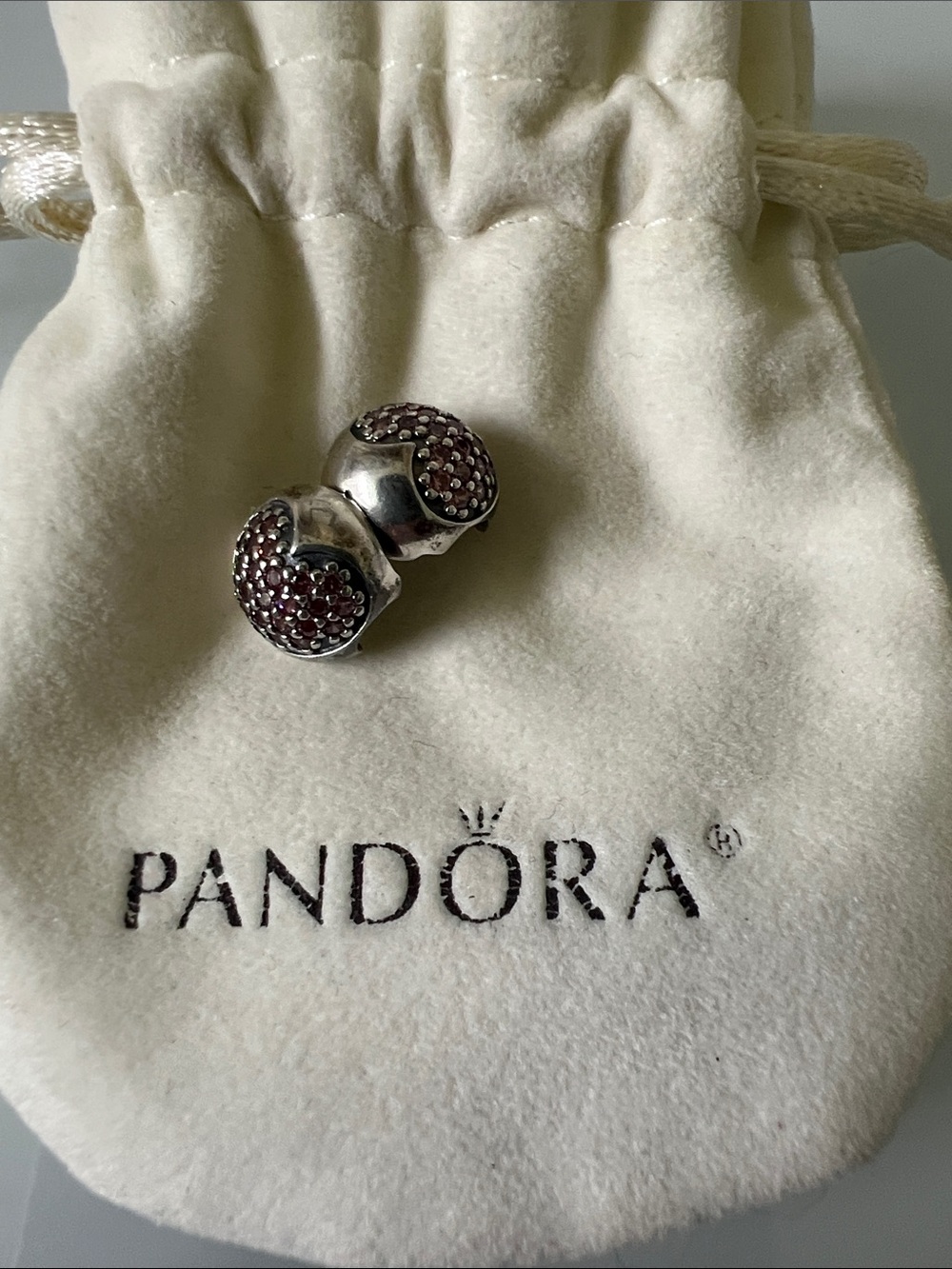 Pandora "love of my life " Sterling Silver Pavé Clip with pink Stones